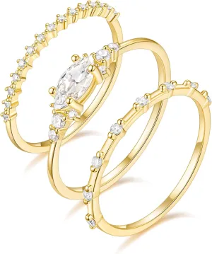TIGRADE 14K Gold Plated Stacking Rings for Women Minimalist Fashion Knuckle Thin Band Marquise & Round Cubic Zirconia Statement Ring Set Size 3-13
