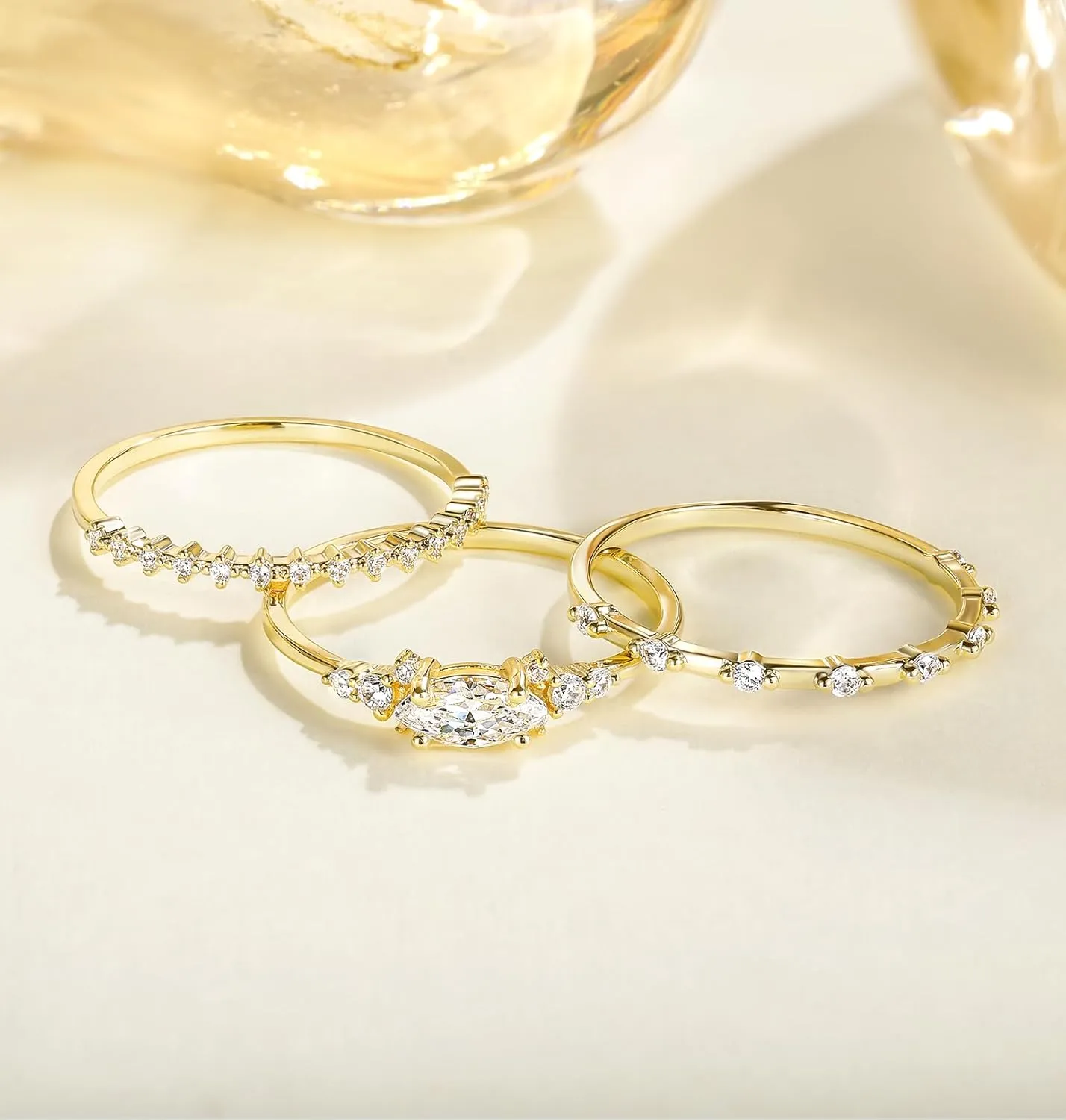 TIGRADE 14K Gold Plated Stacking Rings for Women Minimalist Fashion Knuckle Thin Band Marquise & Round Cubic Zirconia Statement Ring Set Size 3-13