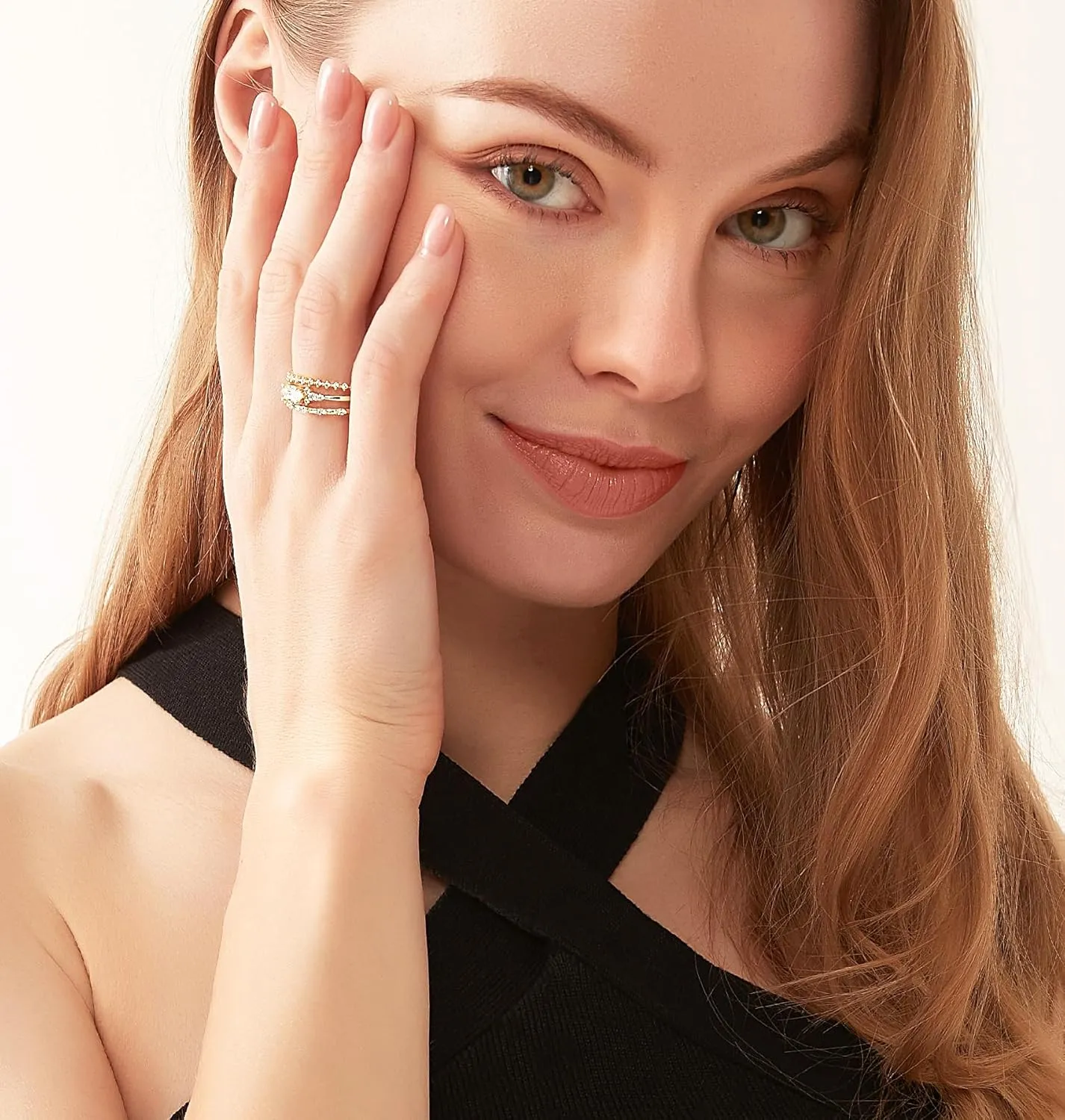 TIGRADE 14K Gold Plated Stacking Rings for Women Minimalist Fashion Knuckle Thin Band Marquise & Round Cubic Zirconia Statement Ring Set Size 3-13