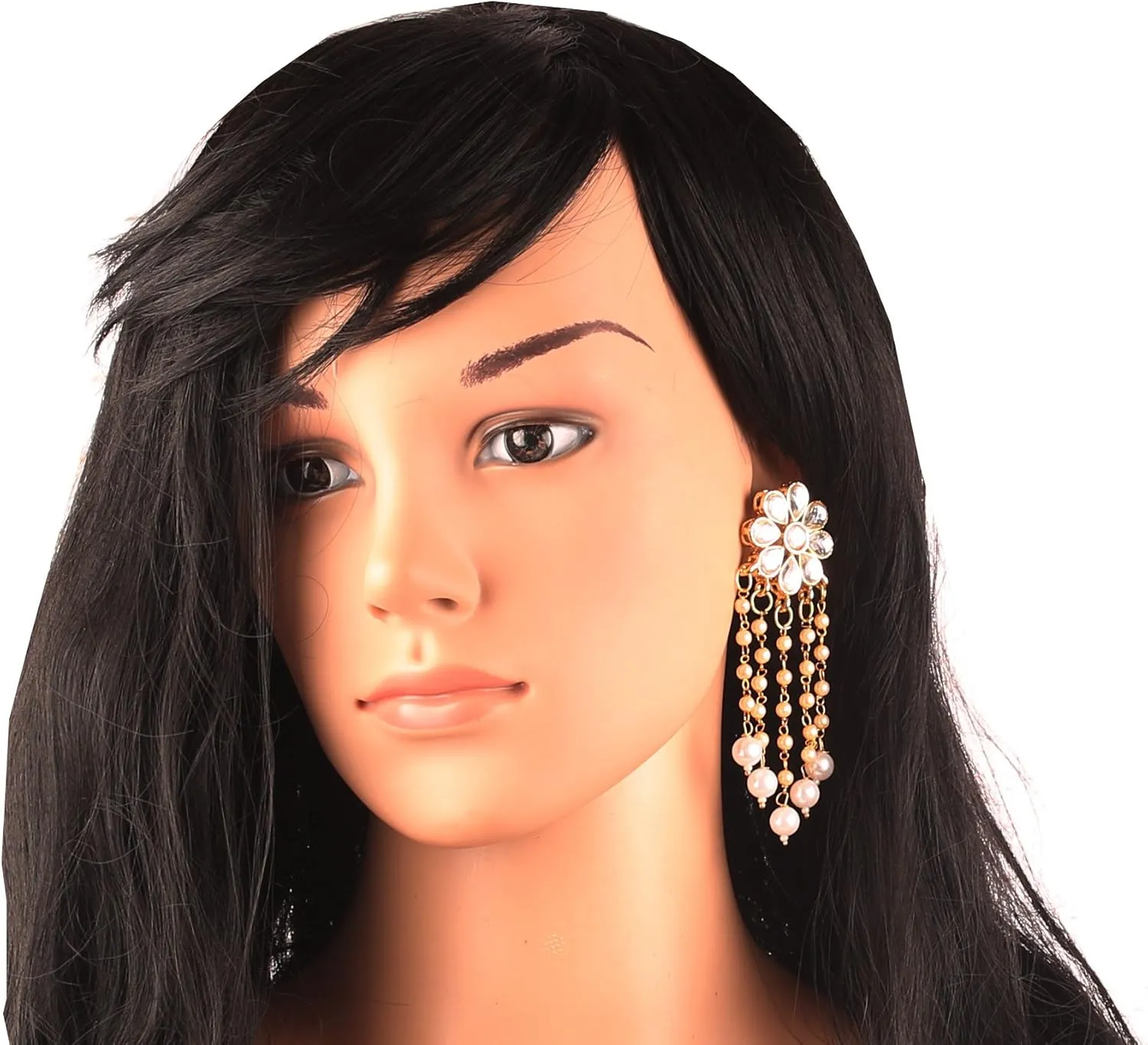 Touchstone Indian Bollywood Fashion Handmade Beautiful Cut Work Sparkling Rhinestone Faux Pearl Stylish Designer Jewelry Earrings for Women in Antique Gold or White Tone.