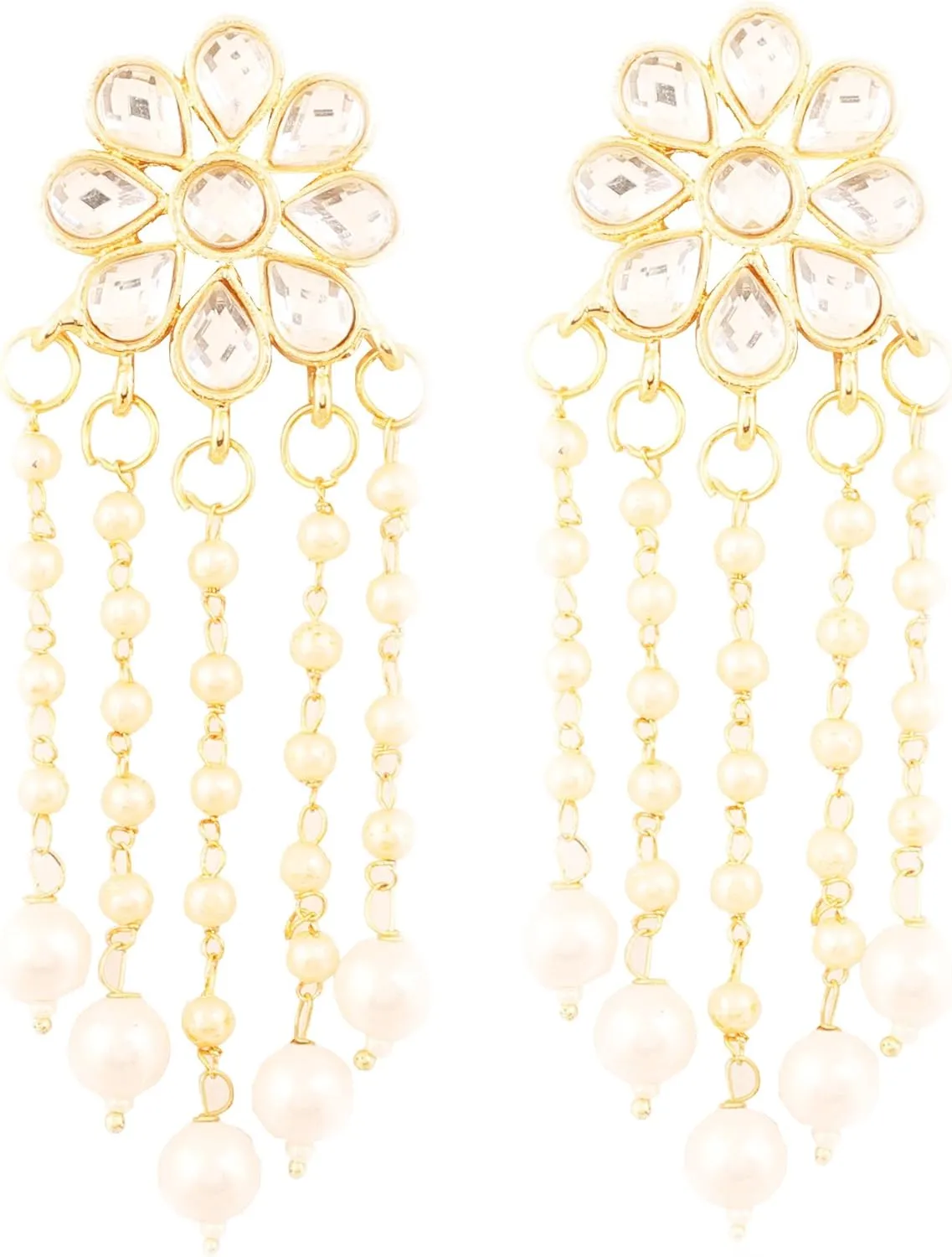 Touchstone Indian Bollywood Fashion Handmade Beautiful Cut Work Sparkling Rhinestone Faux Pearl Stylish Designer Jewelry Earrings for Women in Antique Gold or White Tone.