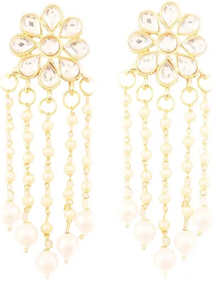 Touchstone Indian Bollywood Fashion Handmade Beautiful Cut Work Sparkling Rhinestone Faux Pearl Stylish Designer Jewelry Earrings for Women in Antique Gold or White Tone.