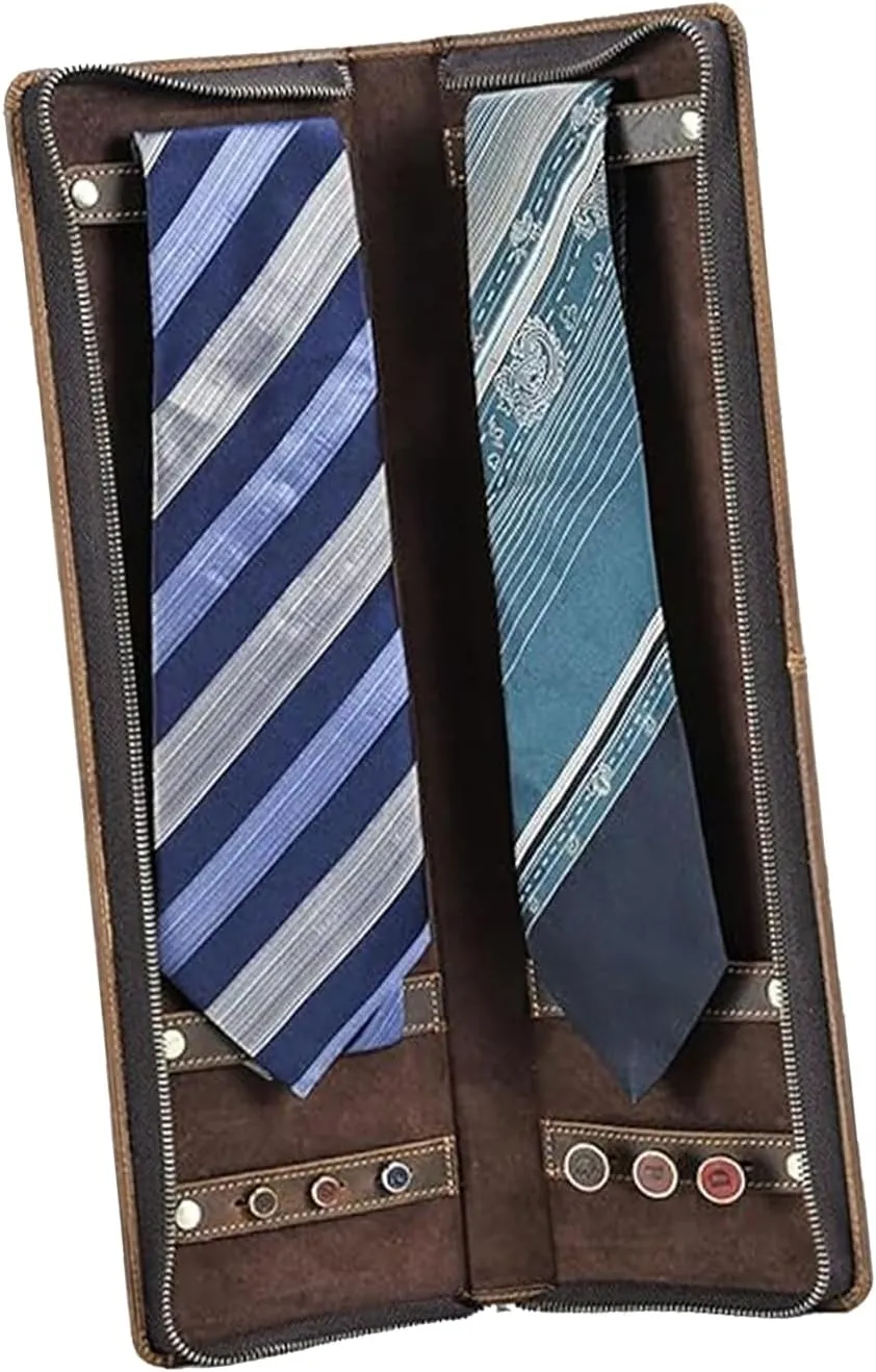 Travel Ties Case, Genuine Leather Portable Necktie Cufflinks Storage Box, Zipper Tie Holder Organizer for Mens Coffee