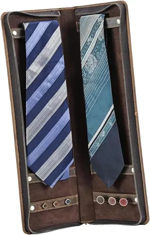 Travel Ties Case, Genuine Leather Portable Necktie Cufflinks Storage Box, Zipper Tie Holder Organizer for Mens Coffee