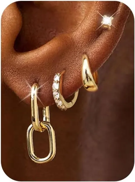 Trendy Gold Hoop Earrings Set - 4 Pairs of Hypoallergenic Dainty Stud, Huggie, Dangle