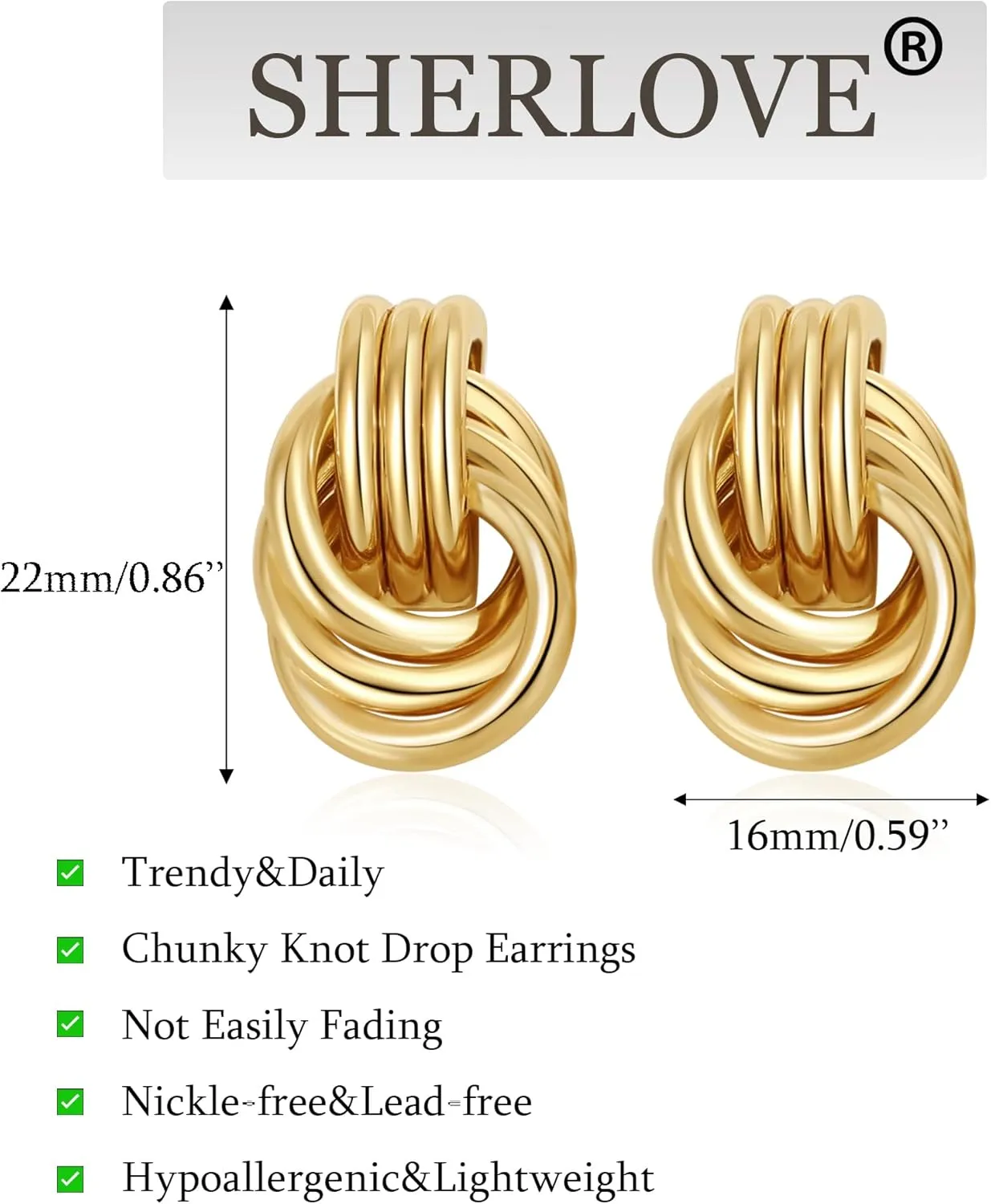 Trendy Gold Knot Earrings for Women Chunky Statement Drop Dangle Earrings Lightweight Hypoallergenic Fashion Gold Jewelry