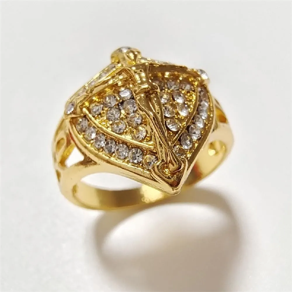 Trendy Jesus CZ Ring 14K Gold Plated Shield Cross Nordic Viking Ring Blessing Prayer Faith Religion Jesus Iced Out Jewelry Hip Hop Punk Creative Gold Shiny Full Diamond Ring