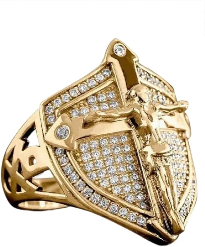 Trendy Jesus CZ Ring 14K Gold Plated Shield Cross Nordic Viking Ring Blessing Prayer Faith Religion Jesus Iced Out Jewelry Hip Hop Punk Creative Gold Shiny Full Diamond Ring