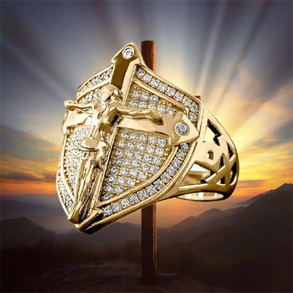 Trendy Jesus CZ Ring 14K Gold Plated Shield Cross Nordic Viking Ring Blessing Prayer Faith Religion Jesus Iced Out Jewelry Hip Hop Punk Creative Gold Shiny Full Diamond Ring