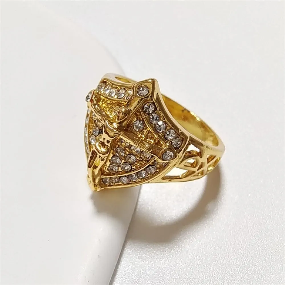 Trendy Jesus CZ Ring 14K Gold Plated Shield Cross Nordic Viking Ring Blessing Prayer Faith Religion Jesus Iced Out Jewelry Hip Hop Punk Creative Gold Shiny Full Diamond Ring