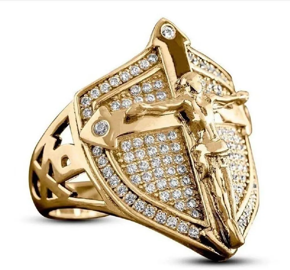 Trendy Jesus CZ Ring 14K Gold Plated Shield Cross Nordic Viking Ring Blessing Prayer Faith Religion Jesus Iced Out Jewelry Hip Hop Punk Creative Gold Shiny Full Diamond Ring