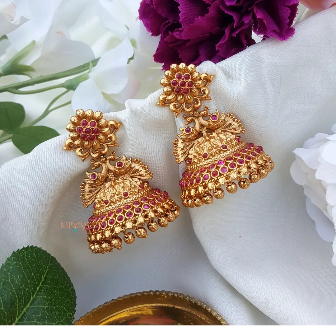 Trendy Matt Finish Peacock Jhumka - Ruby