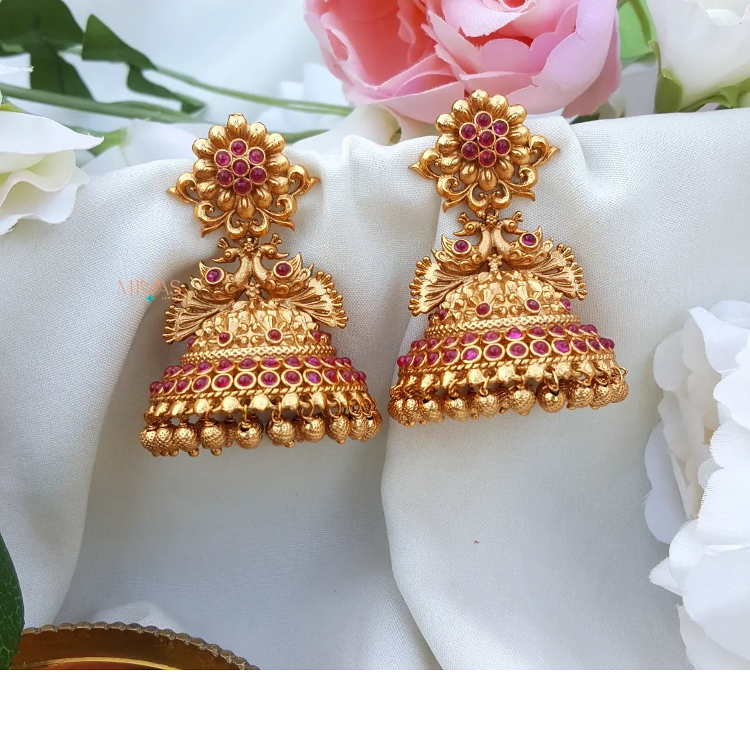 Trendy Matt Finish Peacock Jhumka - Ruby