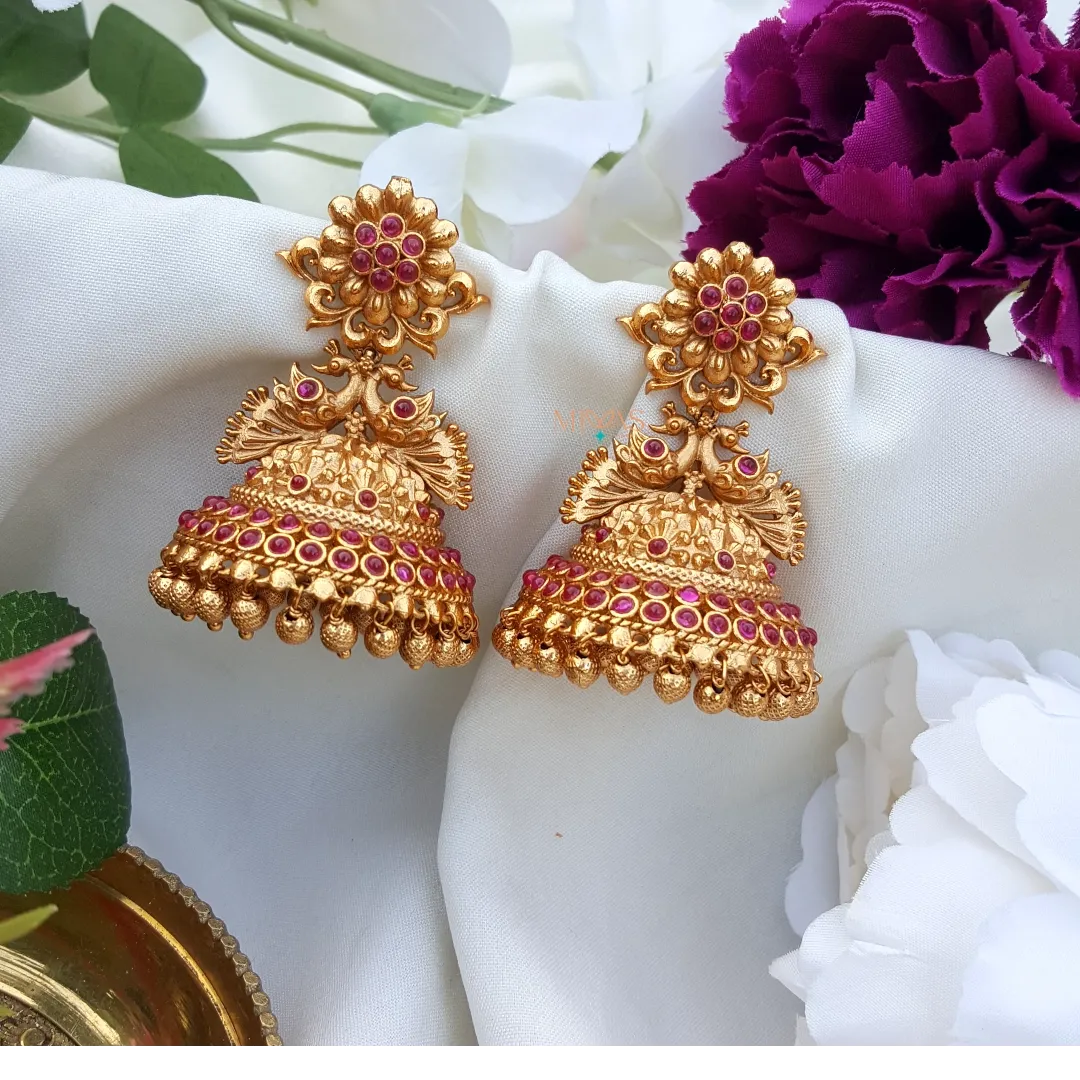 Trendy Matt Finish Peacock Jhumka - Ruby