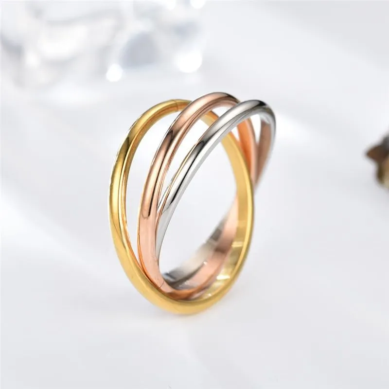 Trinity Stainless Steel Interlocked Rings Triple Row Rolling Interlocking Stacking Rings Link Connected Statement Ring Triple Band Ring For Women Men Size 5-10