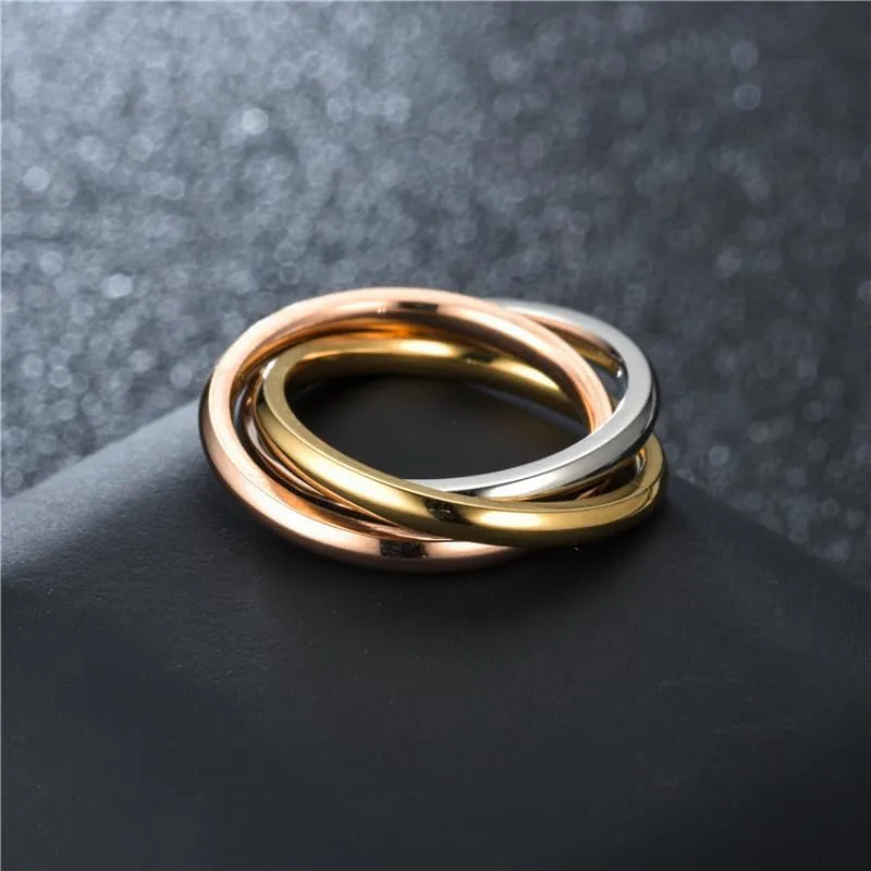 Trinity Stainless Steel Interlocked Rings Triple Row Rolling Interlocking Stacking Rings Link Connected Statement Ring Triple Band Ring For Women Men Size 5-10