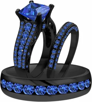 Triostar 14K Black Gold Plated 925 Sterling Sliver 3 Piece Wedding His Engagement & Her Band Rings Sets Blue Sapphire for Couple Mens and Women Trio Ring Set