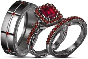Triostar Art Deco wedding ring set His Hers Couples Matching Rings Women's 14K Black Gold Plated Sterling Silver