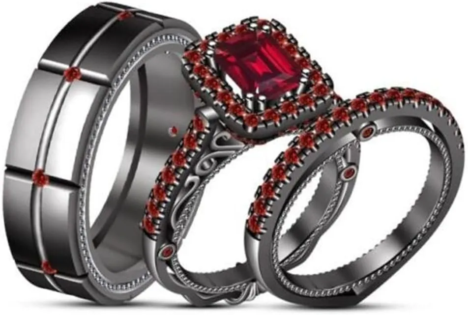 Triostar Art Deco wedding ring set His Hers Couples Matching Rings Women's 14K Black Gold Plated Sterling Silver