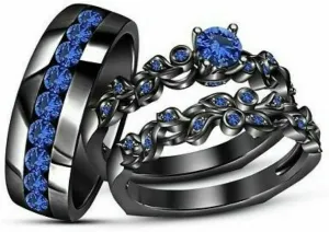 Triostar Wedding Ring Set Valentine's Promise Ring Set His Hers Couples Matching Rings Women's 14K Black Gold Plated