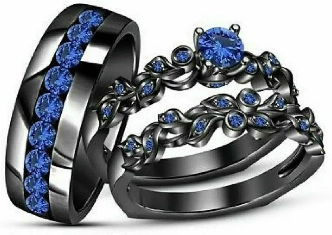 Triostar Wedding Ring Set Valentine's Promise Ring Set His Hers Couples Matching Rings Women's 14K Black Gold Plated