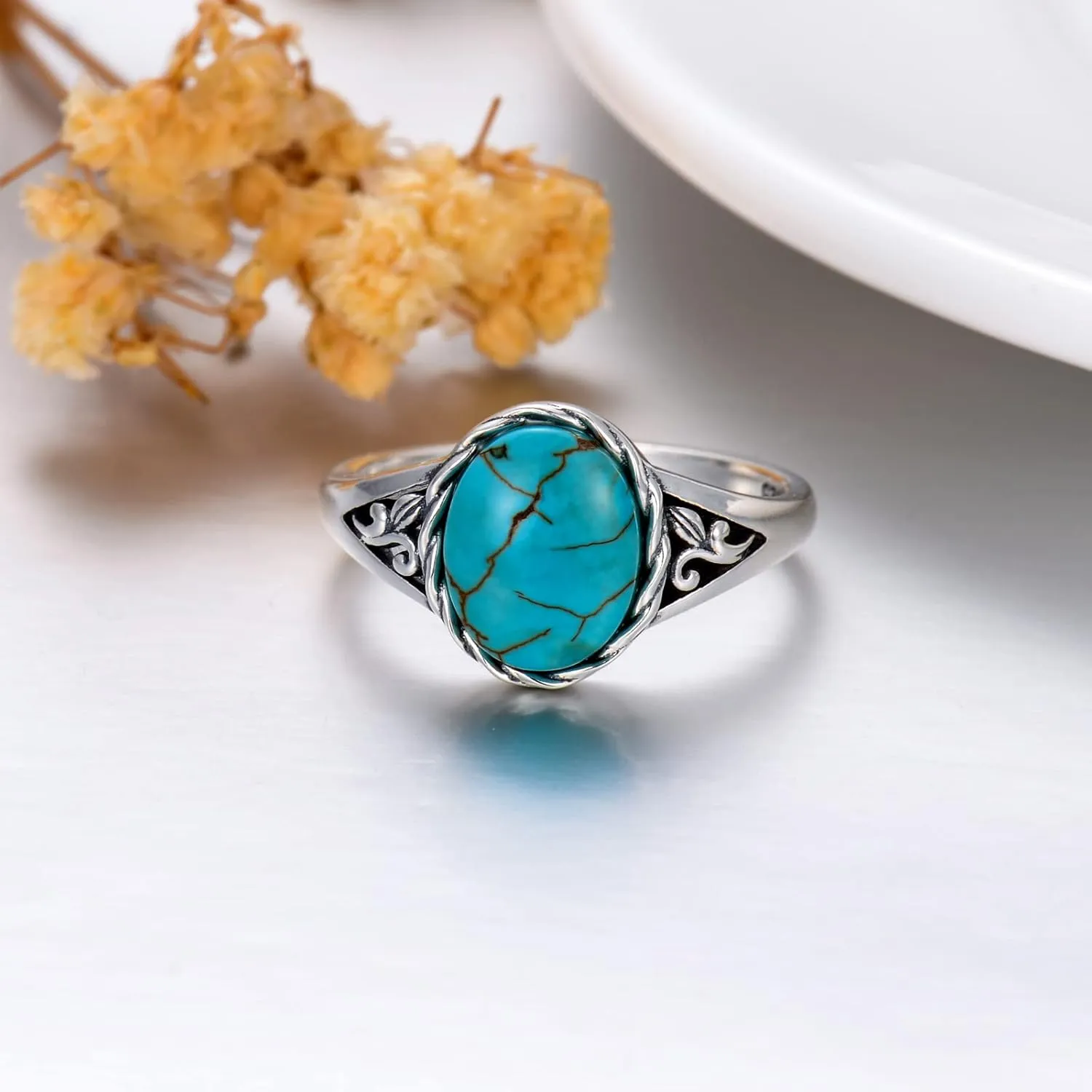 Turquoise Vintage Ring for Women, S925 Sterling Silver Oval Cut Natural Turquoise/Moonstone//Black Onyx Boho Turquoise Jewelry for Birthday Mother's Day Christmas