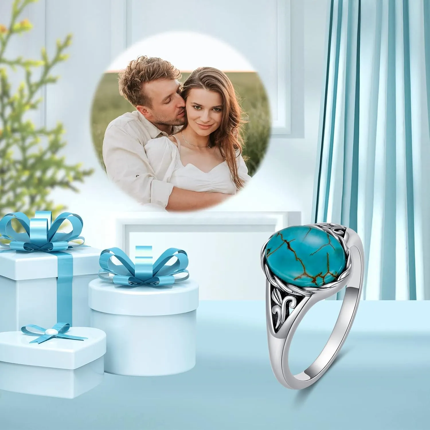 Turquoise Vintage Ring for Women, S925 Sterling Silver Oval Cut Natural Turquoise/Moonstone//Black Onyx Boho Turquoise Jewelry for Birthday Mother's Day Christmas