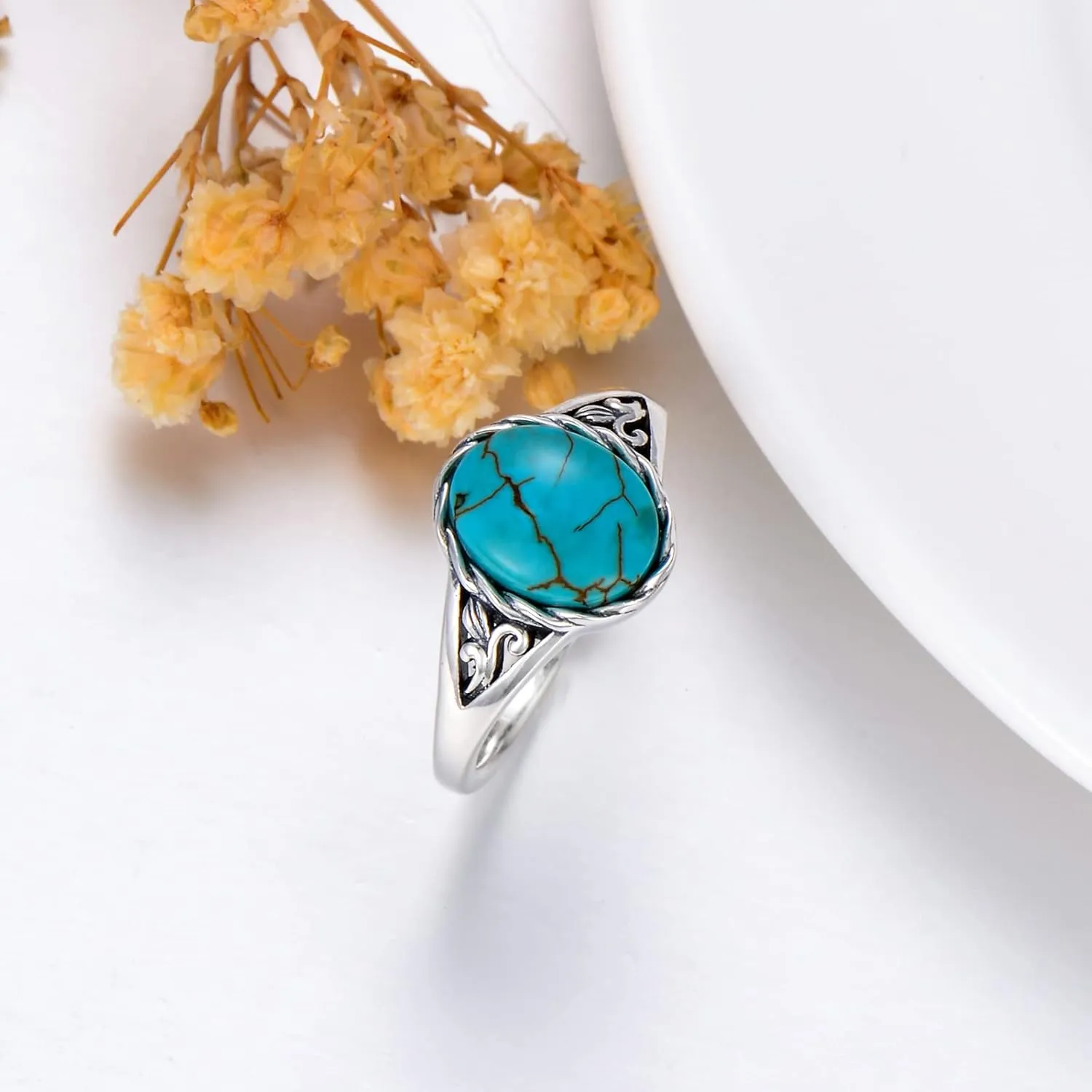 Turquoise Vintage Ring for Women, S925 Sterling Silver Oval Cut Natural Turquoise/Moonstone//Black Onyx Boho Turquoise Jewelry for Birthday Mother's Day Christmas