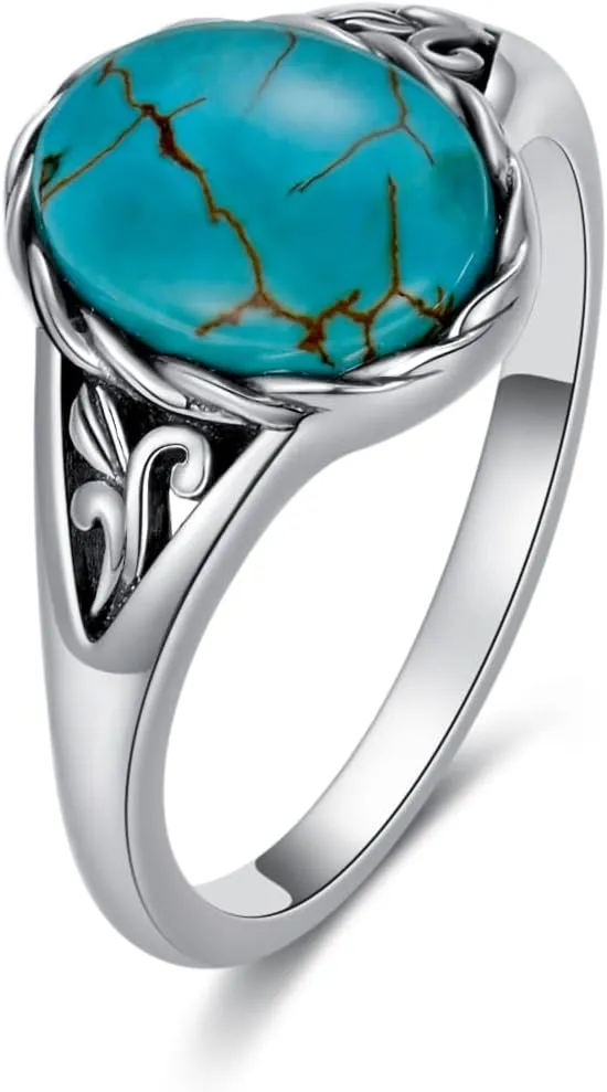 Turquoise Vintage Ring for Women, S925 Sterling Silver Oval Cut Natural Turquoise/Moonstone//Black Onyx Boho Turquoise Jewelry for Birthday Mother's Day Christmas