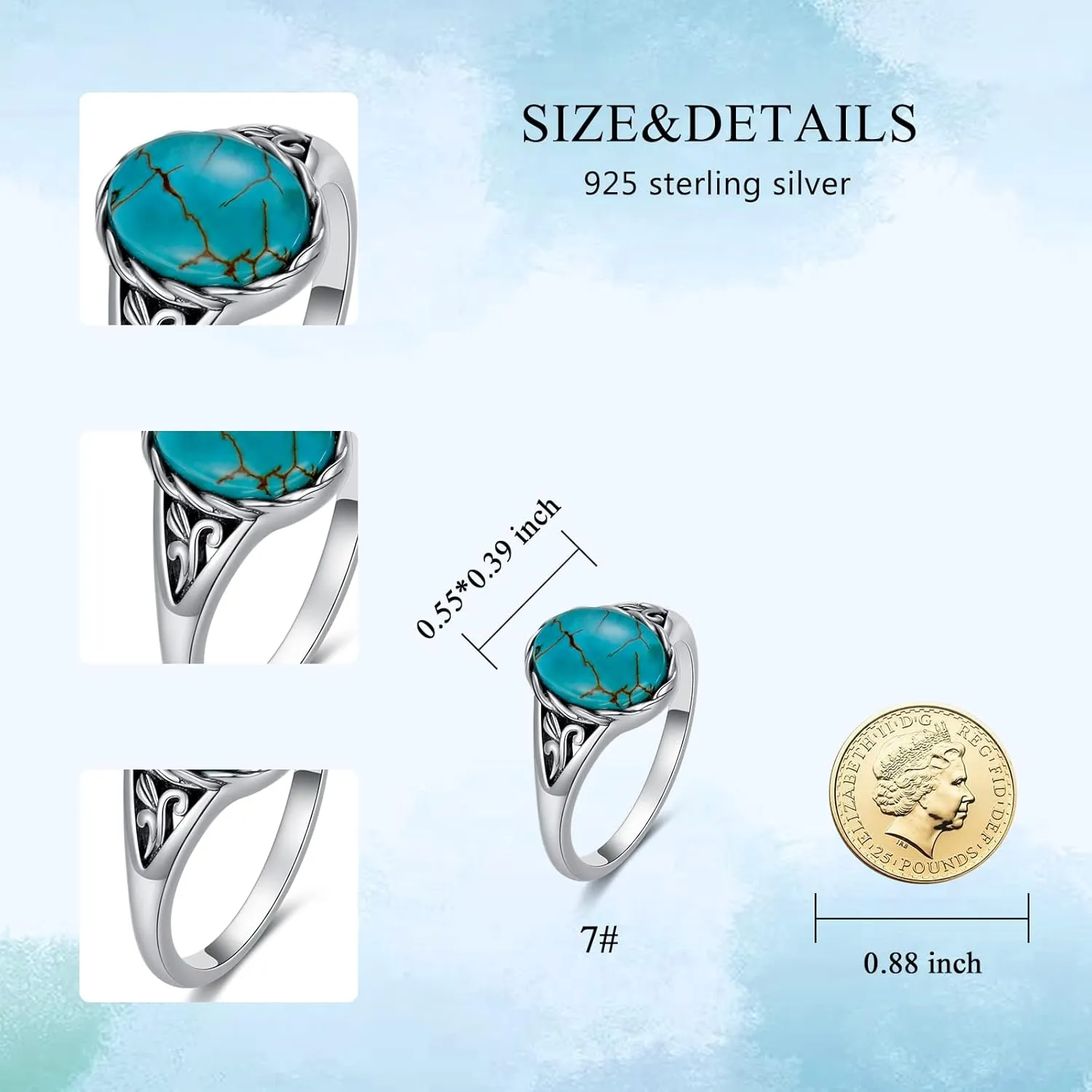 Turquoise Vintage Ring for Women, S925 Sterling Silver Oval Cut Natural Turquoise/Moonstone//Black Onyx Boho Turquoise Jewelry for Birthday Mother's Day Christmas