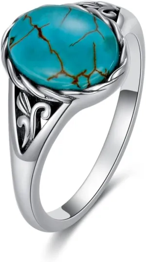 Turquoise Vintage Ring for Women, S925 Sterling Silver Oval Cut Natural Turquoise/Moonstone//Black Onyx Boho Turquoise Jewelry for Birthday Mother's Day Christmas