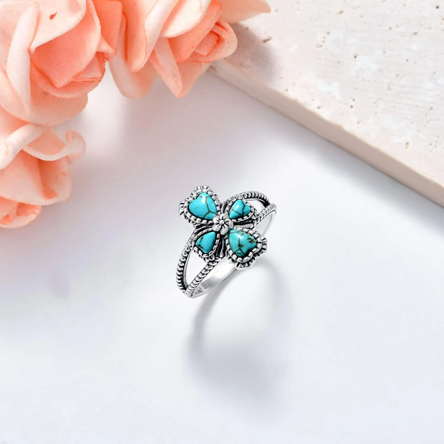 Turquoise/Moonstone Cross Ring Sterling Silver Natural Turquoise Flower Ring Navajo Tribes Style Ring for Women Her Wife