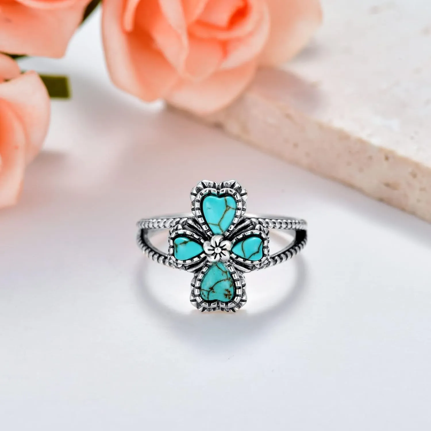 Turquoise/Moonstone Cross Ring Sterling Silver Natural Turquoise Flower Ring Navajo Tribes Style Ring for Women Her Wife