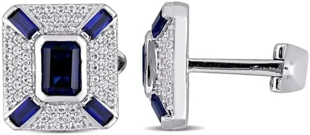 Twinkle Tinse-3.50Ct Emerald Cut Lab Created Sapphire & Diamond Stud Cufflinks For Men's For Any Occassion 925 Sterling Silver Elegance Adorn with a Blue Sparkle
