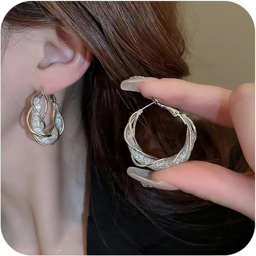 Twist Hoop Earrings for Women Dainty Sparkling Hollow Out Twisted Mesh Earrings Luxury Fashion Jewelry Wedding Day Birthday Gifts