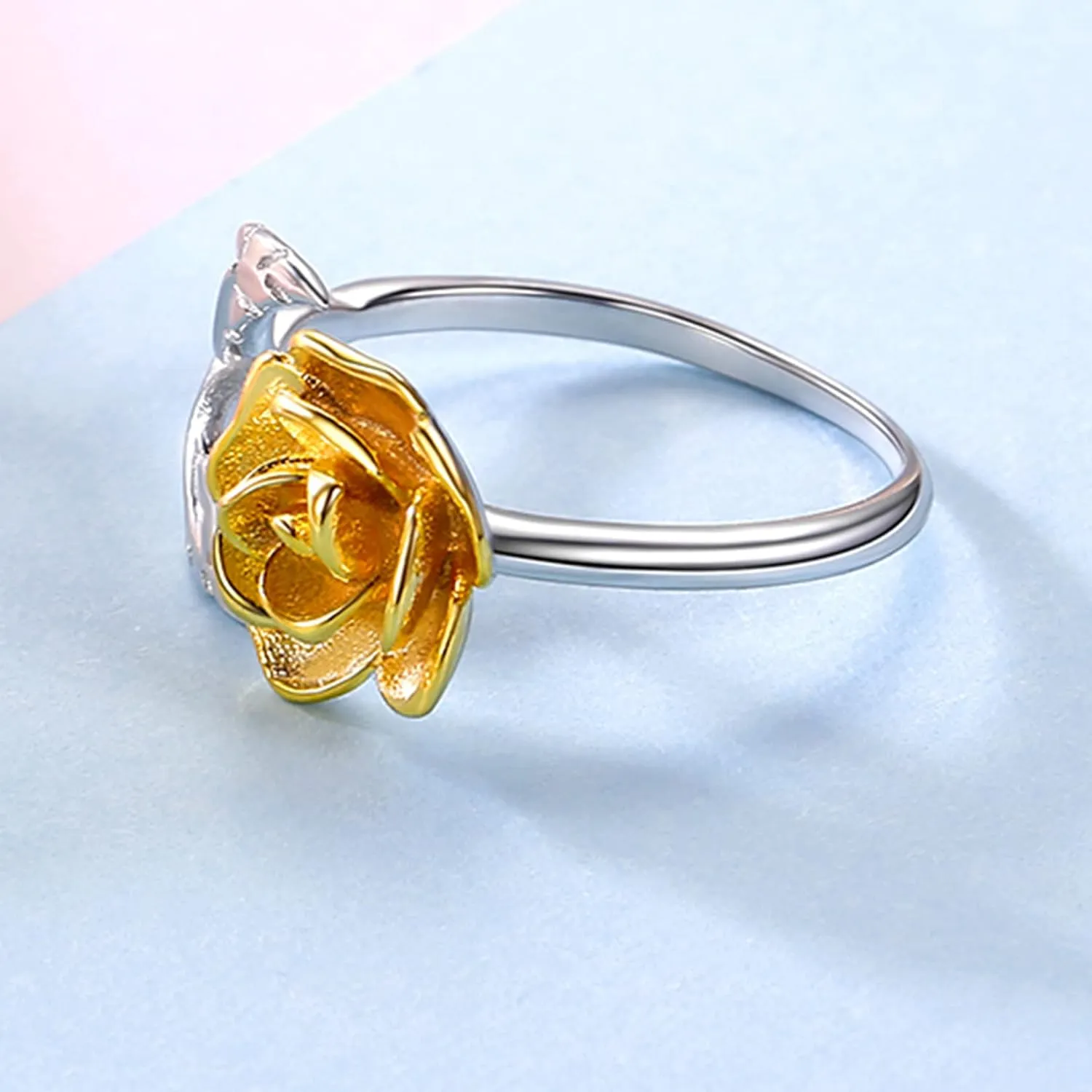 U7 Rose Flower Ring, Stackable Band Ring for Women Girls, Platinum Silver/Gold/Rose Gold Red Signet Rings Adjustable Fit Size 5 to 10