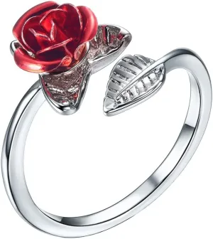 U7 Rose Flower Ring, Stackable Band Ring for Women Girls, Platinum Silver/Gold/Rose Gold Red Signet Rings Adjustable Fit Size 5 to 10