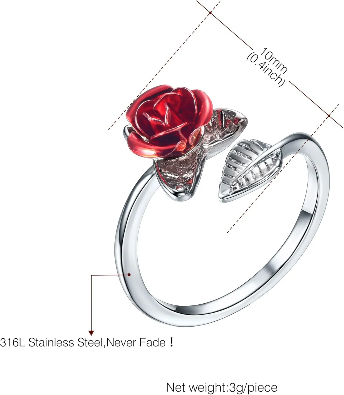 U7 Rose Flower Ring, Stackable Band Ring for Women Girls, Platinum Silver/Gold/Rose Gold Red Signet Rings Adjustable Fit Size 5 to 10