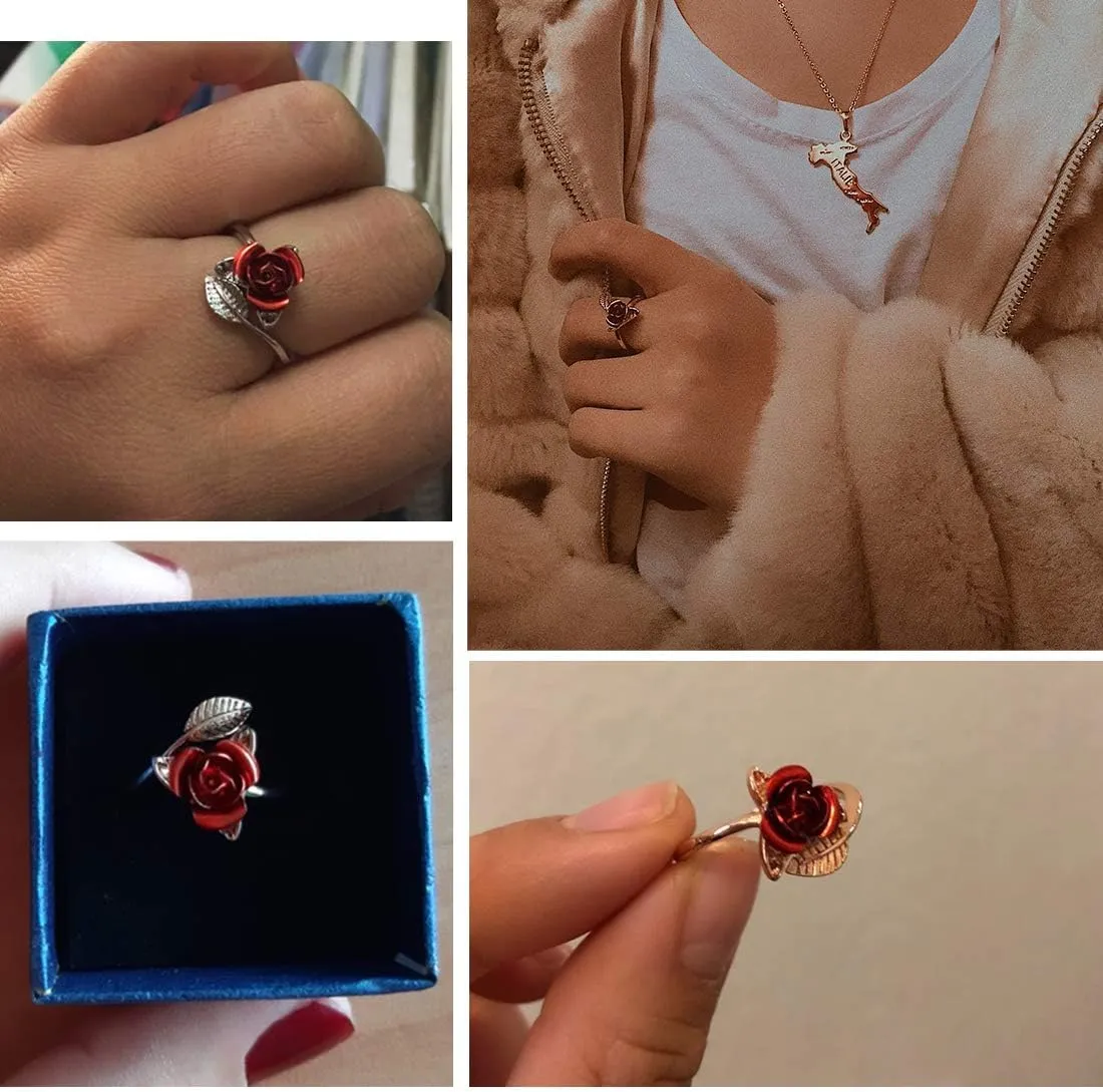 U7 Rose Flower Ring, Stackable Band Ring for Women Girls, Platinum Silver/Gold/Rose Gold Red Signet Rings Adjustable Fit Size 5 to 10