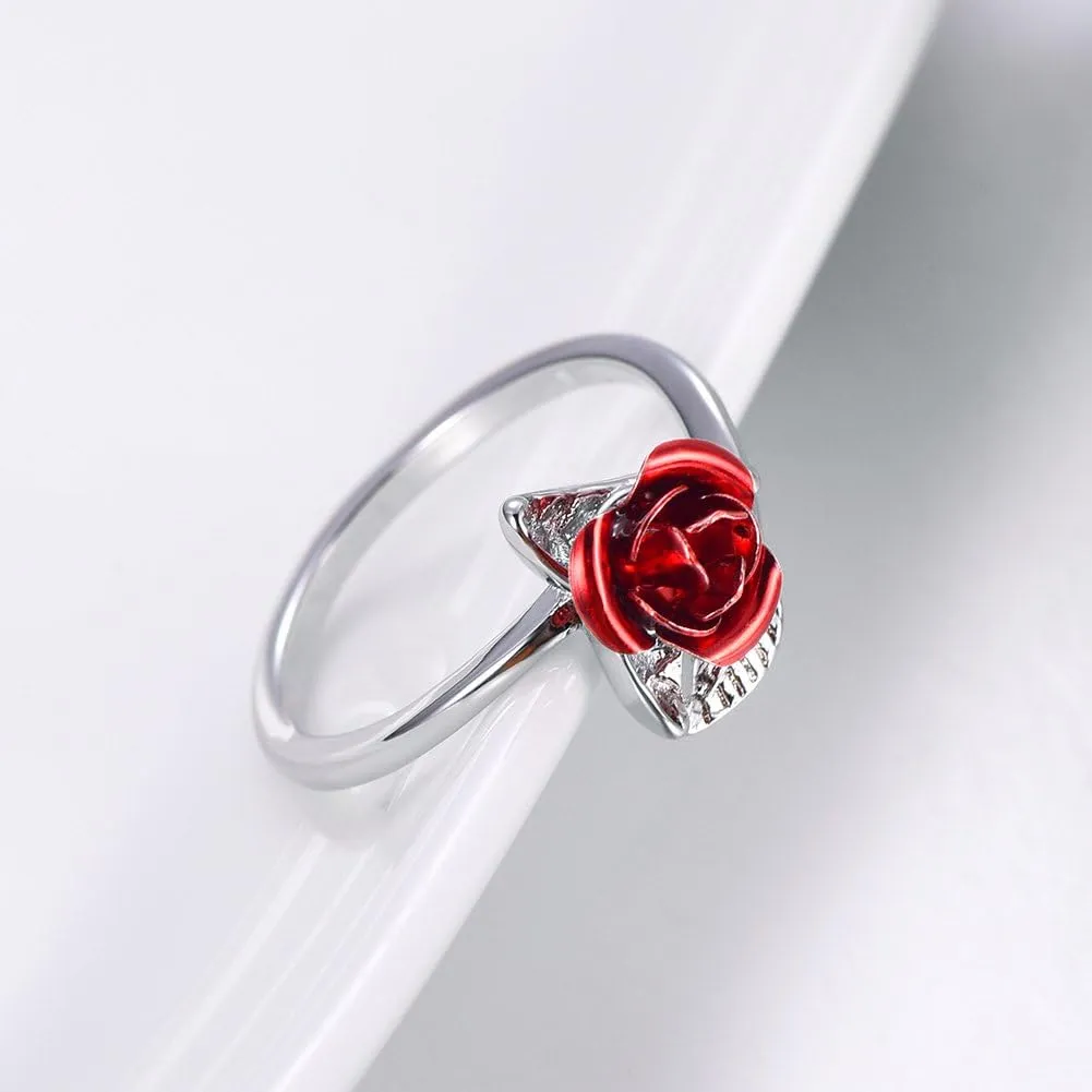 U7 Rose Flower Ring, Stackable Band Ring for Women Girls, Platinum Silver/Gold/Rose Gold Red Signet Rings Adjustable Fit Size 5 to 10