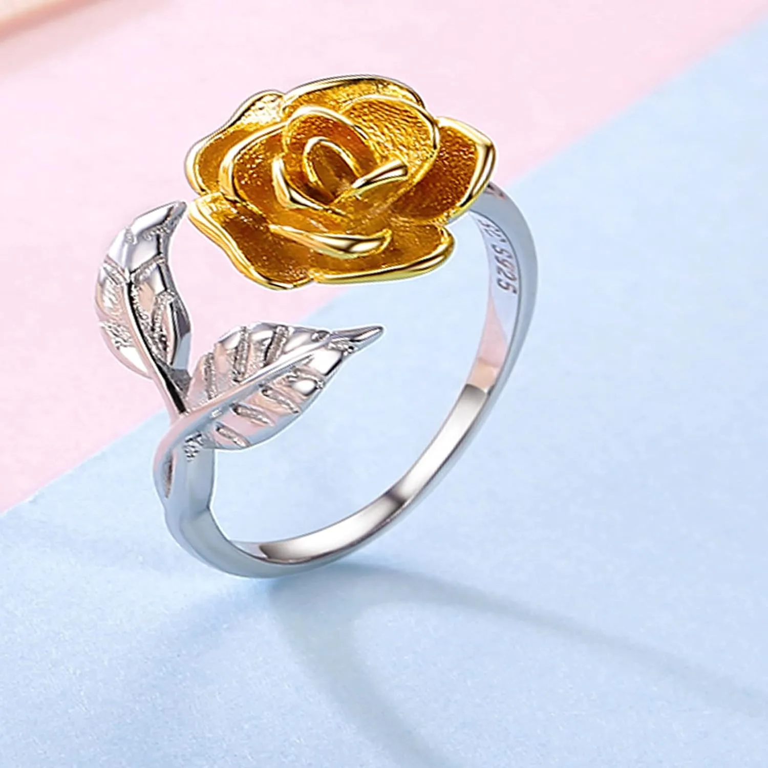 U7 Rose Flower Ring, Stackable Band Ring for Women Girls, Platinum Silver/Gold/Rose Gold Red Signet Rings Adjustable Fit Size 5 to 10