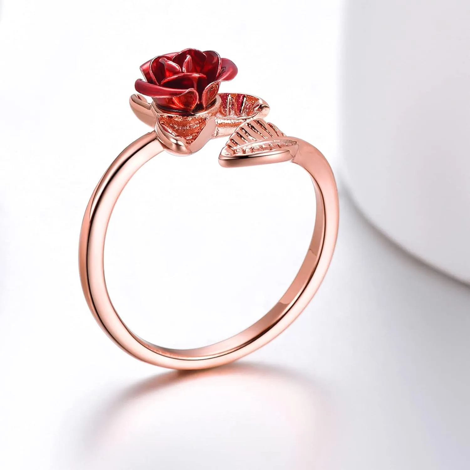 U7 Rose Flower Ring, Stackable Band Ring for Women Girls, Platinum Silver/Gold/Rose Gold Red Signet Rings Adjustable Fit Size 5 to 10