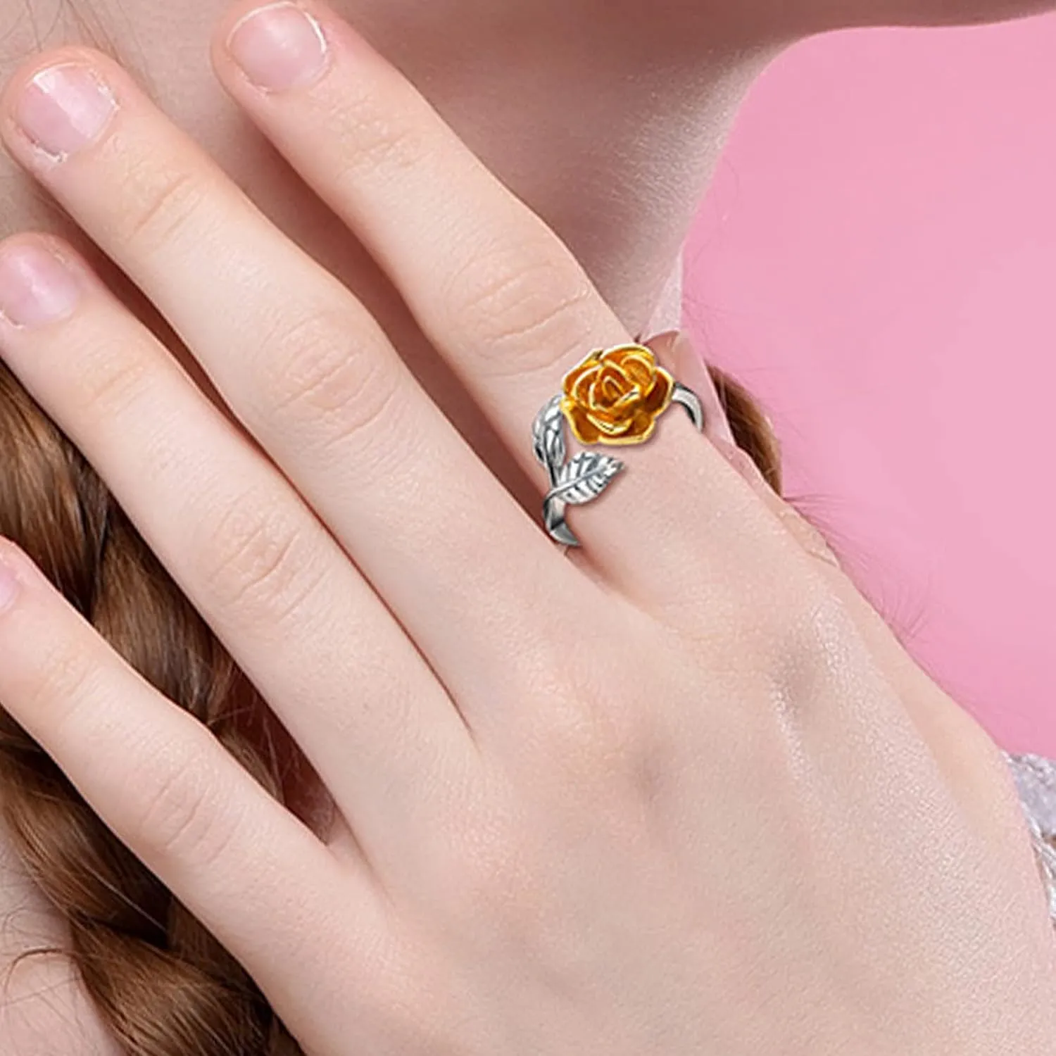 U7 Rose Flower Ring, Stackable Band Ring for Women Girls, Platinum Silver/Gold/Rose Gold Red Signet Rings Adjustable Fit Size 5 to 10