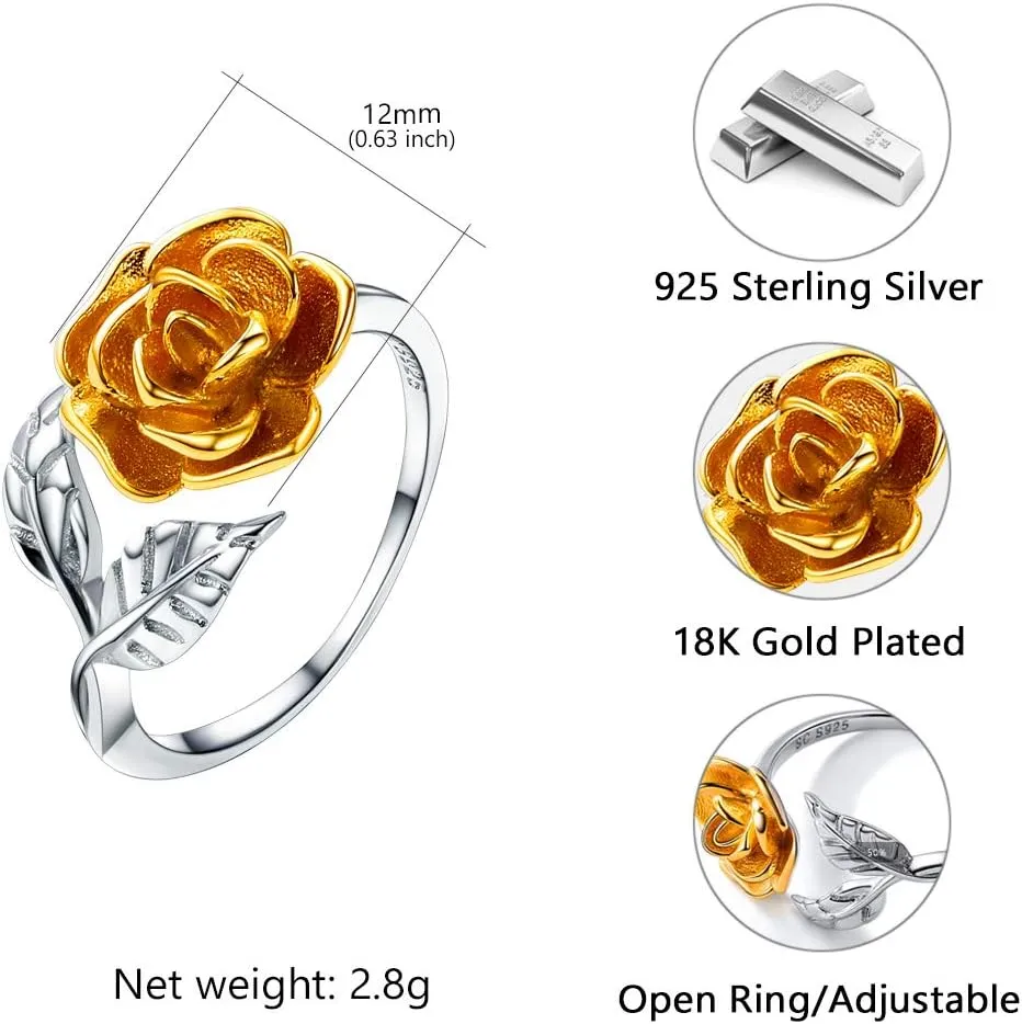 U7 Rose Flower Ring, Stackable Band Ring for Women Girls, Platinum Silver/Gold/Rose Gold Red Signet Rings Adjustable Fit Size 5 to 10