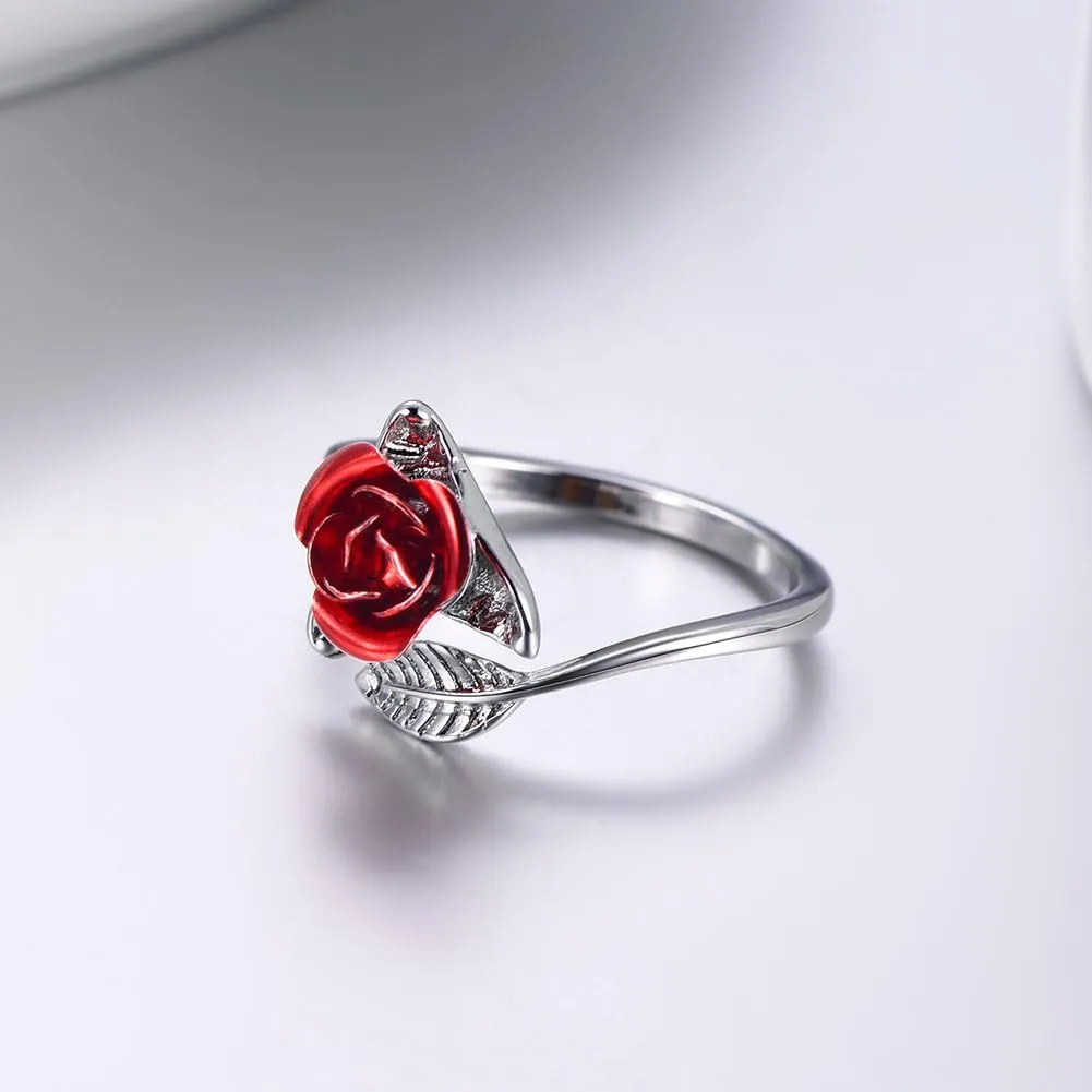 U7 Rose Flower Ring, Stackable Band Ring for Women Girls, Platinum Silver/Gold/Rose Gold Red Signet Rings Adjustable Fit Size 5 to 10
