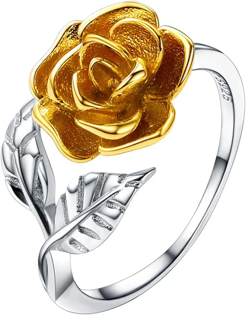 U7 Rose Flower Ring, Stackable Band Ring for Women Girls, Platinum Silver/Gold/Rose Gold Red Signet Rings Adjustable Fit Size 5 to 10