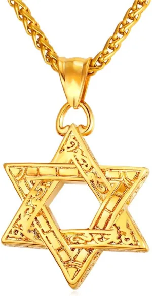 U7 Star of David Necklace for Men Women Gold/Stainless Steel Hexagon Pendant with Cross/Ruby Stone/Classic Jewish Isael Necklaces, Length 22" 24" 26"