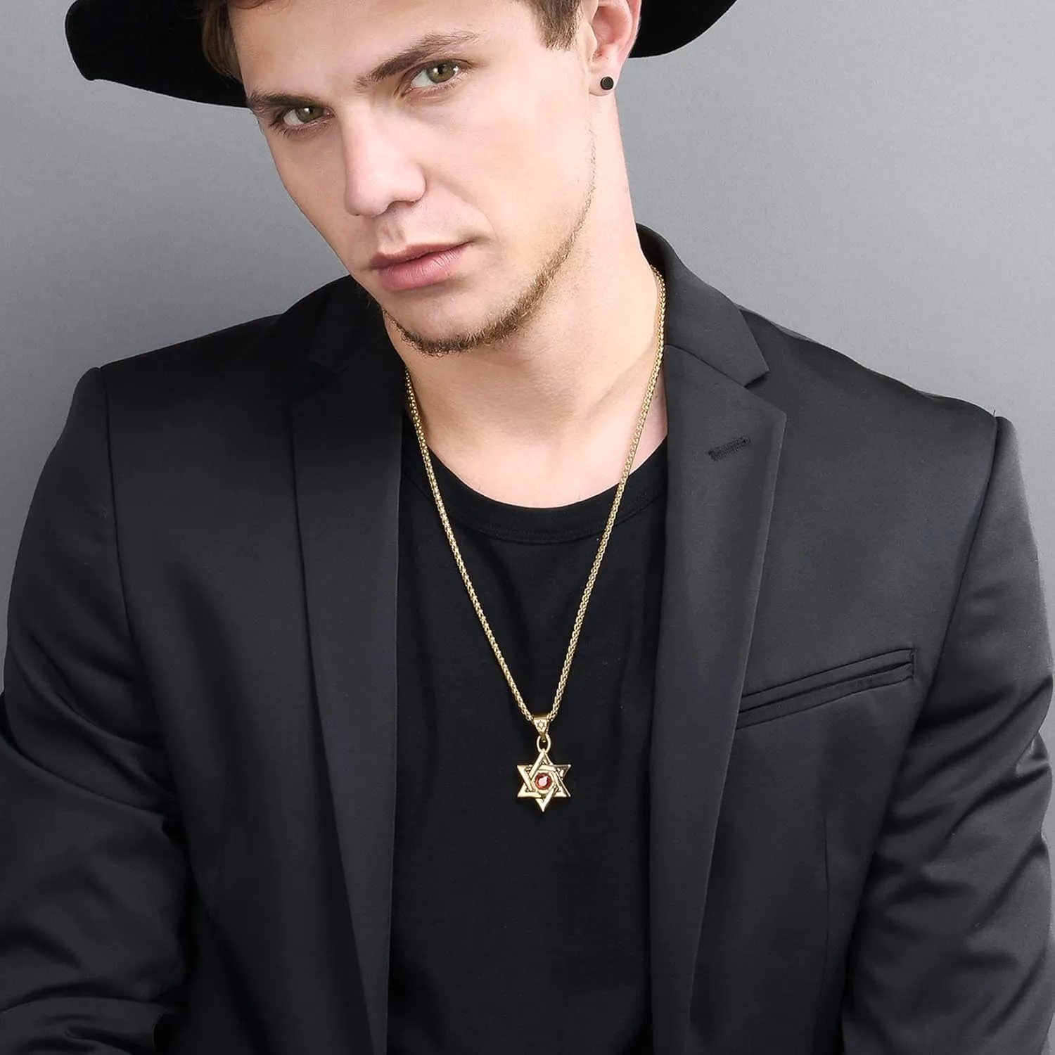 U7 Star of David Necklace for Men Women Gold/Stainless Steel Hexagon Pendant with Cross/Ruby Stone/Classic Jewish Isael Necklaces, Length 22" 24" 26"