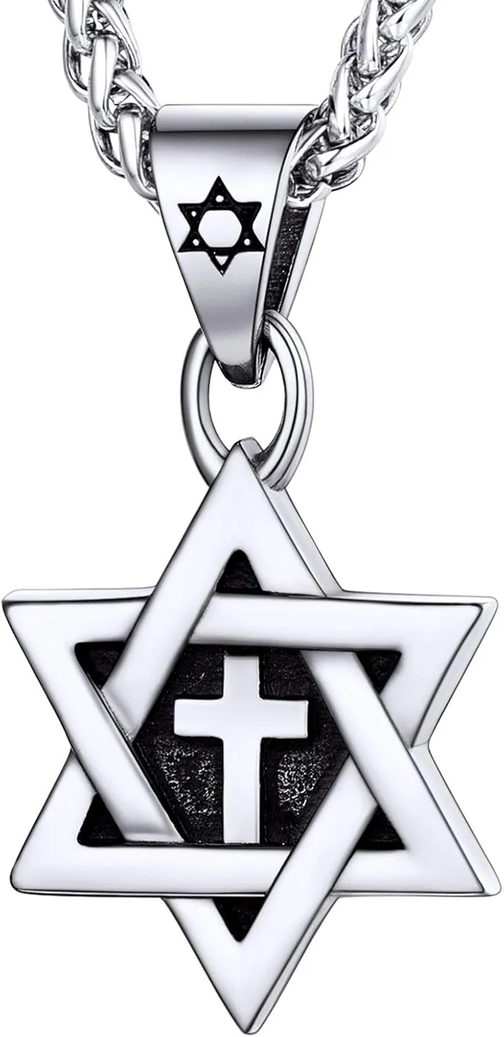 U7 Star of David Necklace for Men Women Gold/Stainless Steel Hexagon Pendant with Cross/Ruby Stone/Classic Jewish Isael Necklaces, Length 22" 24" 26"