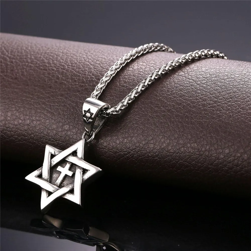 U7 Star of David Necklace for Men Women Gold/Stainless Steel Hexagon Pendant with Cross/Ruby Stone/Classic Jewish Isael Necklaces, Length 22" 24" 26"